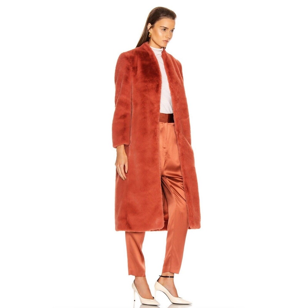 NWT Michelle Mason Womens Size 0 Faux Fur Coat Red Orange Dune Heavyweight Warm - Picture 3 of 10